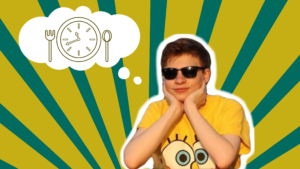 A gold and turquoise striped background. A man outlined in white is wearing a Spongebob Squarepants tshirt and black sunglasses with his hands holding his chin. A white thinking bubble is to the left of him with a plate and cutlery and a clock in the middle of the plate.