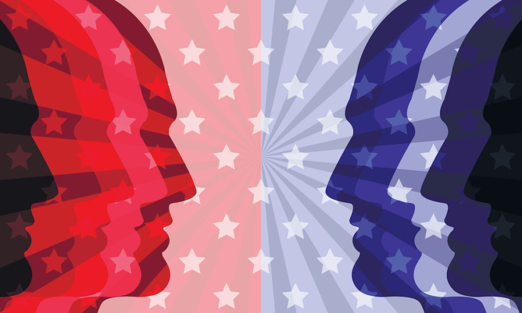 Red and blue faces stare at each other in front of a starred background, representing political division in America
