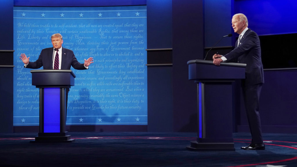 The second presidential debate, Donald Trump on left and Joe Biden on right.