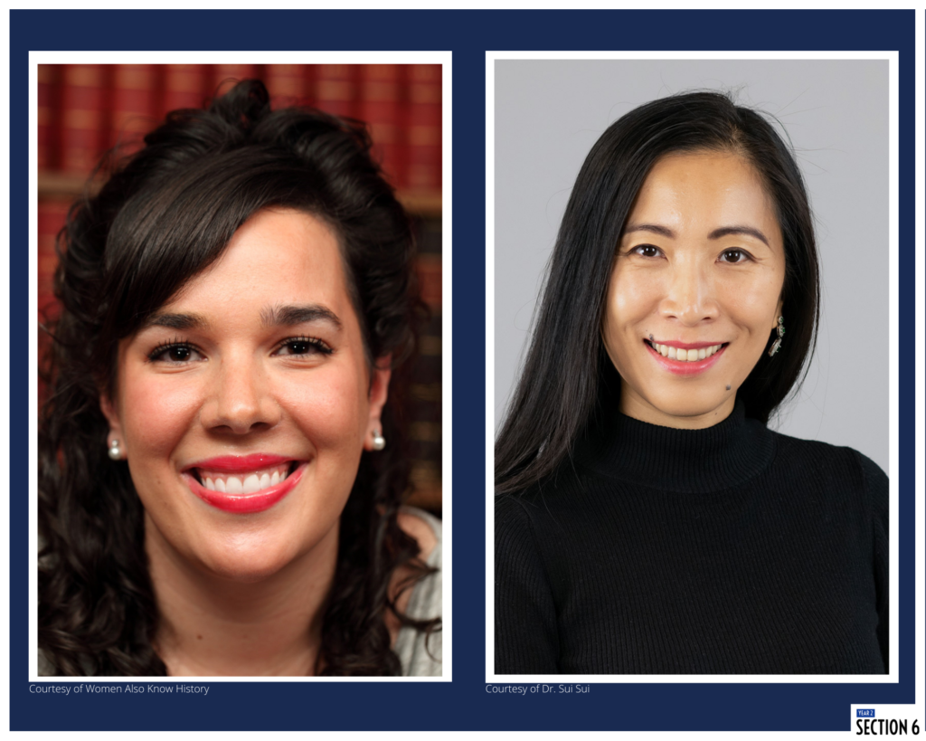 A close-up photo of Jennifer Bonder on the left and a headshot of Dr. Sui Sui on the right in front of a blue background. 