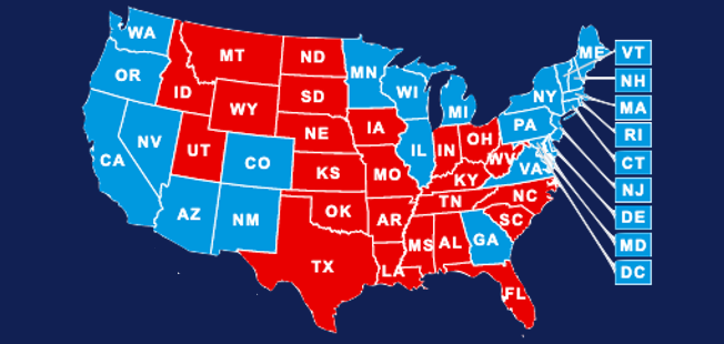 Map of the U.S. election results showing "blue" and "red" states in front of a dark blue background.